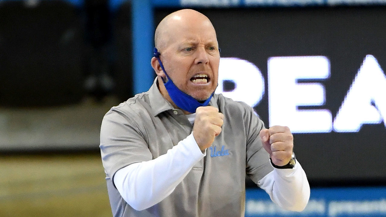 LOS ANGELES, CA - JANUARY 14: Head coach Mick Cronin of the UCLA Bruins yells from the sidelines during the game against the Washington State Cougars at Pauley Pavilion on January 14, 2021 in Los Angeles, California.