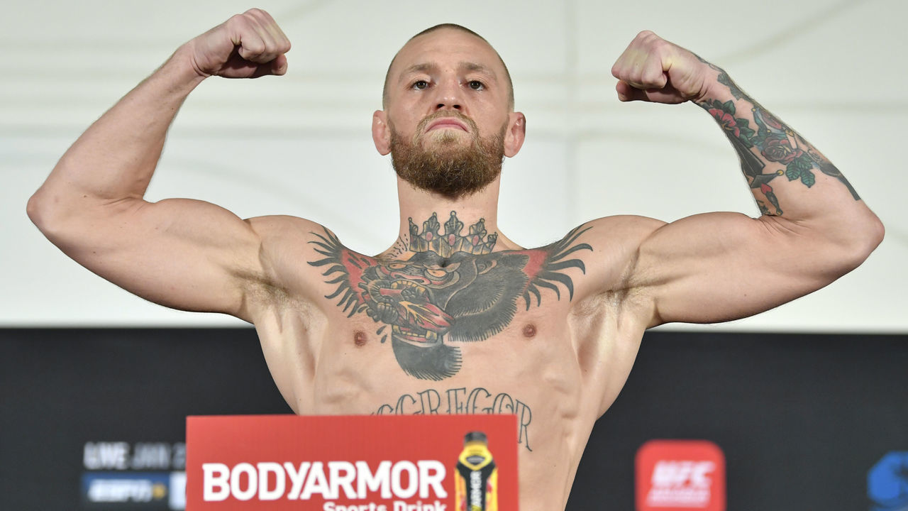 ABU DHABI, UNITED ARAB EMIRATES - JANUARY 22: Conor McGregor of Ireland poses on the scale during the UFC 257 weigh-in on UFC Fight Island on January 22, 2021 in Abu Dhabi, United Arab Emirates.