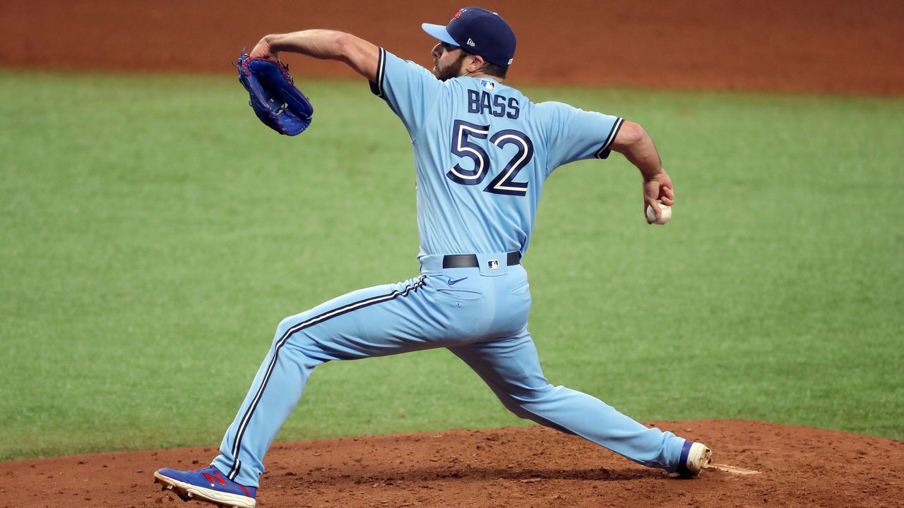 ST. PETERSBURG, FL - SEPTEMBER 30: Anthony Bass #52 of the Toronto Blue Jays pitches during Game 2 of the Wild Card Series between the Toronto Blue Jays and the Tampa Bay Rays at Tropicana Field on Wednesday, September 30, 2020 in St. Petersburg, Florida.