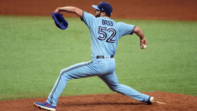 ST. PETERSBURG, FL - SEPTEMBER 30: Anthony Bass #52 of the Toronto Blue Jays pitches during Game 2 of the Wild Card Series between the Toronto Blue Jays and the Tampa Bay Rays at Tropicana Field on Wednesday, September 30, 2020 in St. Petersburg, Florida.