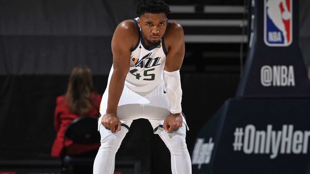 SALT LAKE CITY, UT - JANUARY 21: Donovan Mitchell #45 of the Utah Jazz looks on during the game against the New Orleans Pelicans on January 21, 2021 at vivint.SmartHome Arena in Salt Lake City, Utah. Mandatory Copyright Notice: Copyright 2021 NBAE