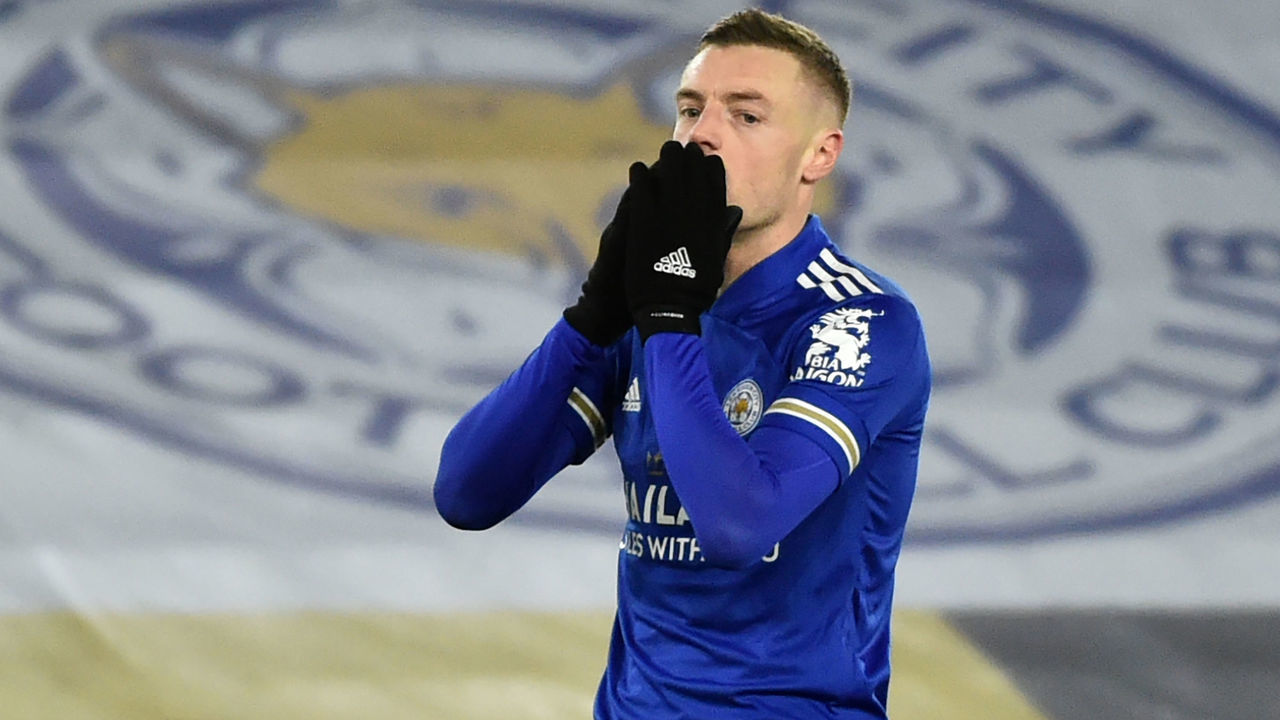 Leicester City's English striker Jamie Vardy reacts after missing a chance during the English Premier League football match between Leicester City and Southampton at King Power Stadium in Leicester, central England on January 16, 2021.
