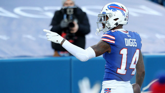 ORCHARD PARK, NEW YORK - JANUARY 09: Stefon Diggs #14 of the Buffalo Bills celebrates after scoring a touchdown during the fourth quarter of an AFC Wild Card playoff game against the Indianapolis Colts at Bills Stadium on January 09, 2021 in Orchard Park, New York.