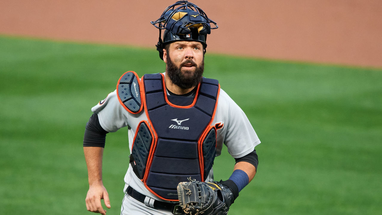 MINNEAPOLIS, MINNESOTA - SEPTEMBER 22: Austin Romine #7 of the Detroit Tigers looks on during the game against the Minnesota Twins at Target Field on September 22, 2020 in Minneapolis, Minnesota. The Twins defeated the Tigers 5-4 in ten innings.