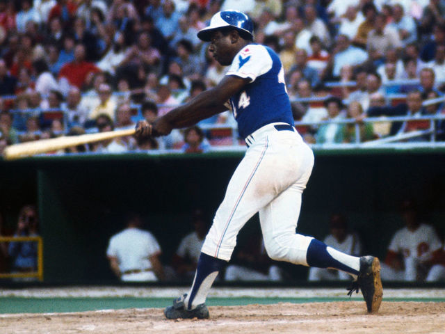 (Original Caption) Henry Louis "Hank" Aaron could tie or break Babe Ruth's career home run record of this season, if he continues his pace in the Brave's remaining 67 games. The 39-year old Mobile, Alabama born Aaron hit the 697th homer of his career against the Expos on July 13th, making him 17 home runs shy of Babe Ruth's record.