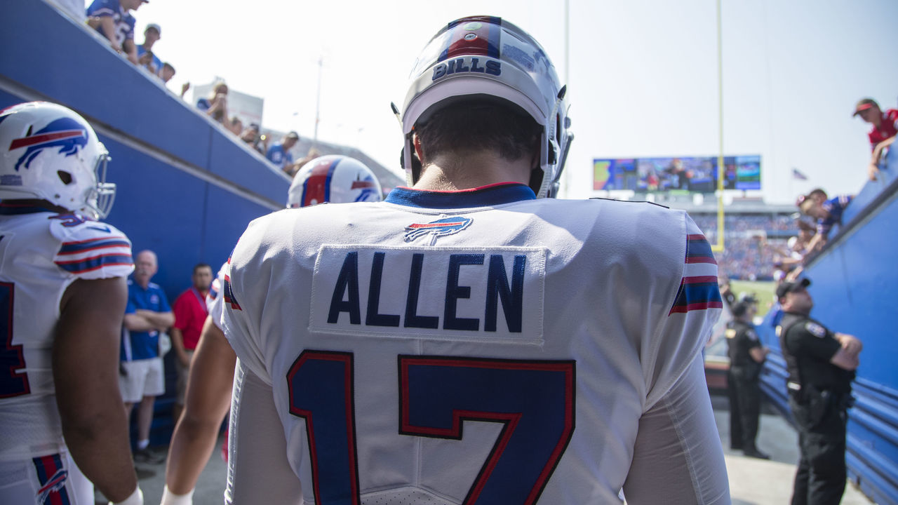 ORCHARD PARK, NY - AUGUST 26: Josh Allen #17 of the Buffalo Bills walks out of the tunnel before the preseason game against the Cincinnati Bengals at New Era Field on August 26, 2018 in Orchard Park, New York.