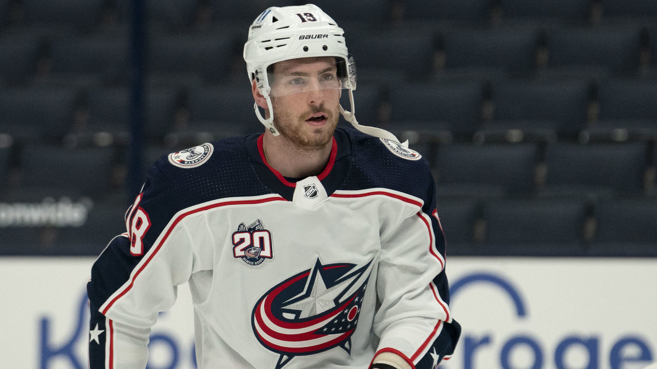 COLUMBUS, OH - JANUARY 10: Pierre-Luc Dubois #18 of the Columbus Blue Jackets during an inner squad scrimmage game held at Nationwide Arena in Columbus, Ohio on January 10, 2021.