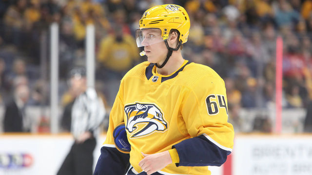 NASHVILLE, TN - FEBRUARY 29: Nashville Predators right wing Mikael Granlund (64) is shown during the NHL game between the Nashville Predators and Colorado Avalanche, held on February 29, 2020, at Bridgestone Arena in Nashville, Tennessee.