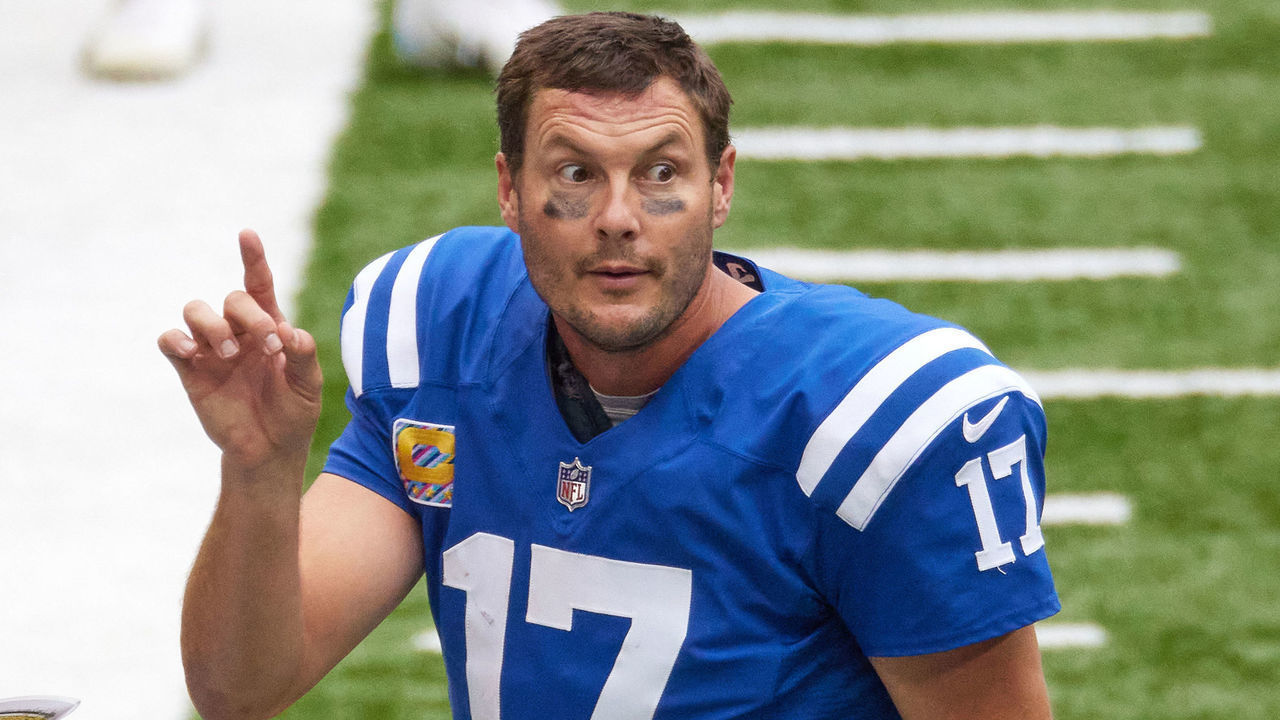 INDIANAPOLIS, IN - OCTOBER 18: Indianapolis Colts Quarterback Philip Rivers (17) looks on in game action during a NFL game between the Indianapolis Colts and the Cincinnati Bengals on October 18, 2020, at Lucas Oil Stadium in Indianapolis, IN.