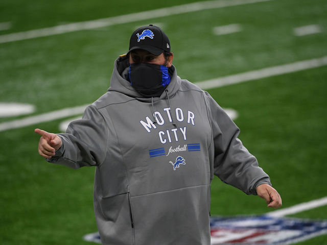 DETROIT, MICHIGAN - NOVEMBER 26: Head coach Matt Patricia of the Detroit Lions speaks to his team prior to a game against the Houston Texans at Ford Field on November 26, 2020 in Detroit, Michigan.