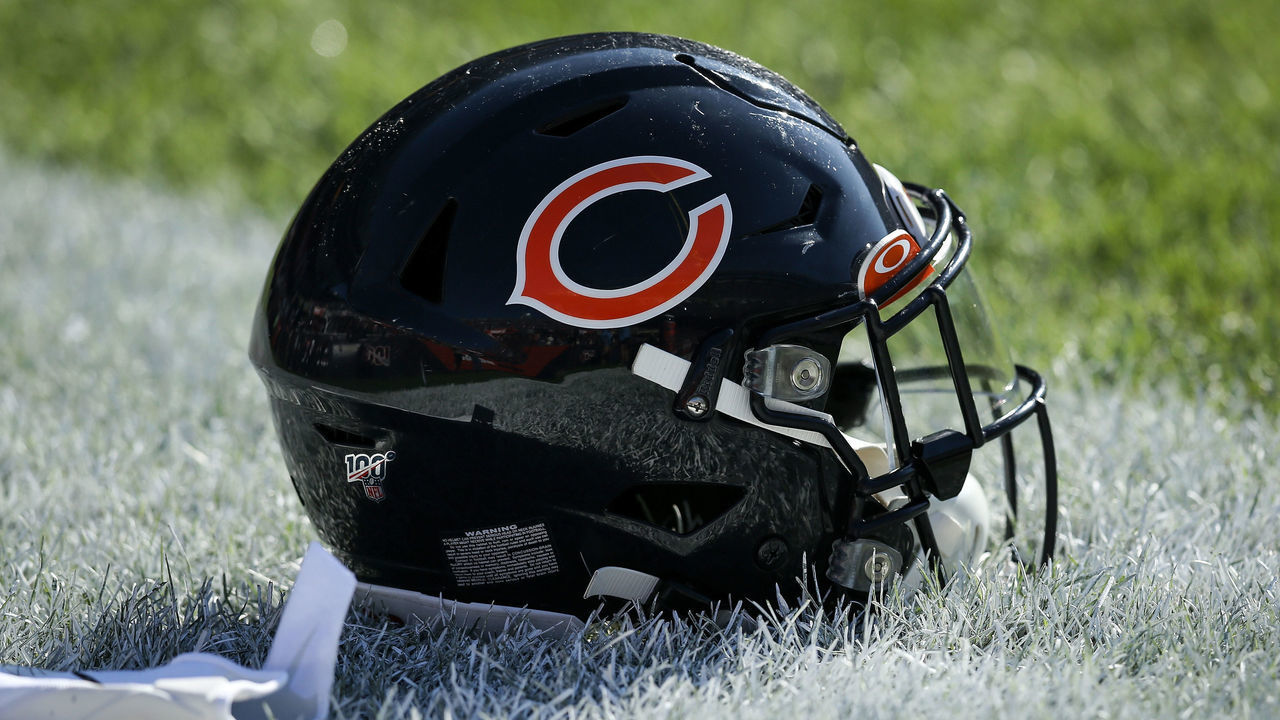 CHICAGO, ILLINOIS - OCTOBER 27: A detail view of a Chicago Bears helmet before the game against the Los Angeles Chargers at Soldier Field on October 27, 2019 in Chicago, Illinois.