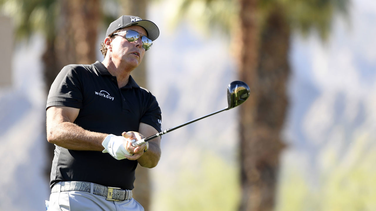 LA QUINTA, CALIFORNIA - JANUARY 21: Phil Mickelson plays his shot from the first tee during the first round of The American Express tournament on the Jack Nicklaus Tournament Course at PGA West on January 21, 2021 in La Quinta, California.