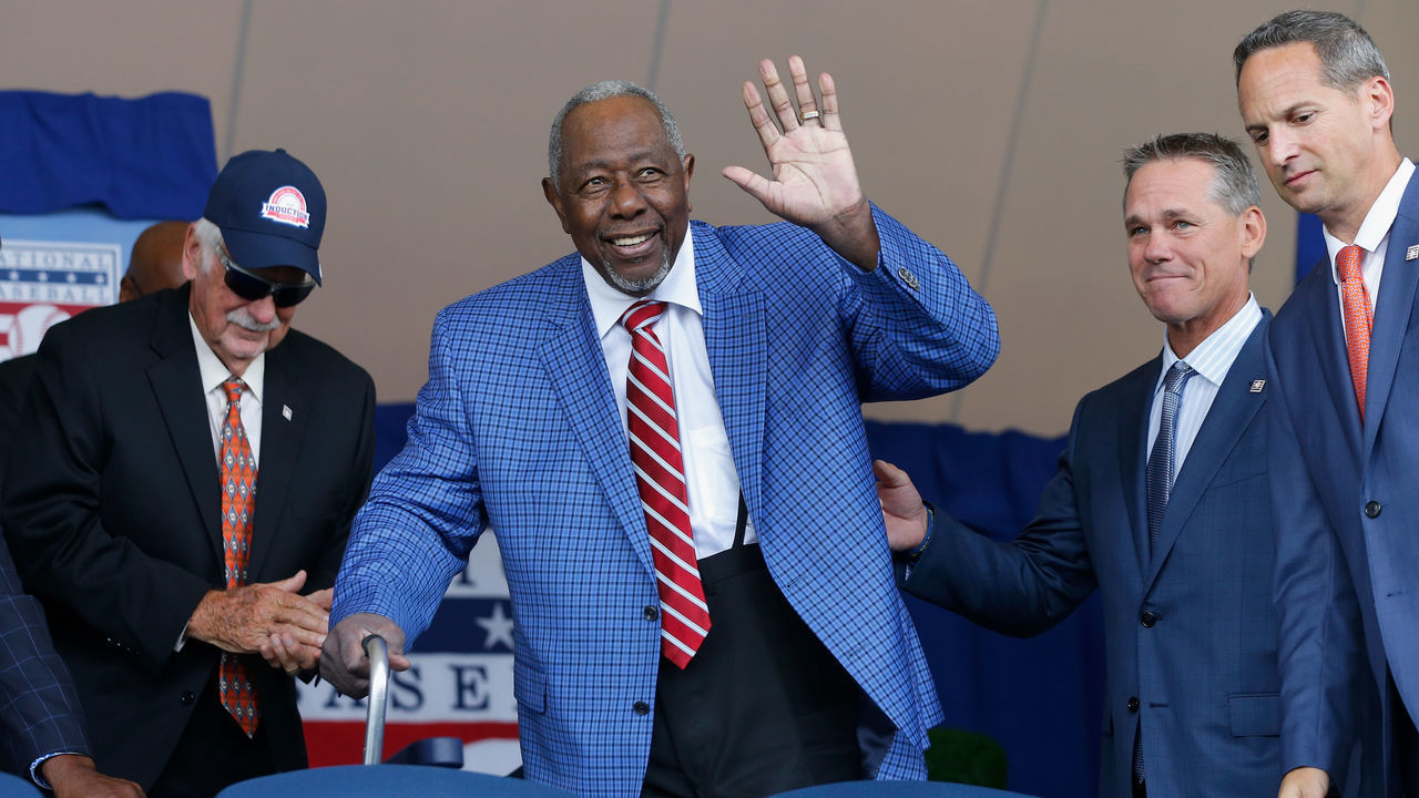 COOPERSTOWN, NY - JULY 29: Baseball icon Henry Aaron is introduced at Clark Sports Center during the Baseball Hall of Fame induction ceremony on July 29, 2018 in Cooperstown, New York.