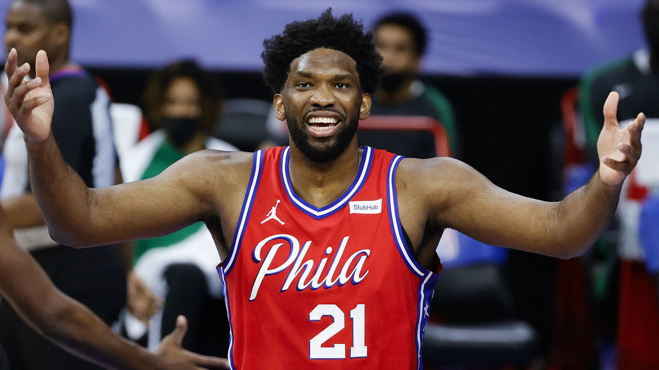 PHILADELPHIA, PENNSYLVANIA - JANUARY 22: Joel Embiid #21 of the Philadelphia 76ers reacts to a call during the fourth quarter against the Boston Celtics at Wells Fargo Center on January 22, 2021 in Philadelphia, Pennsylvania.