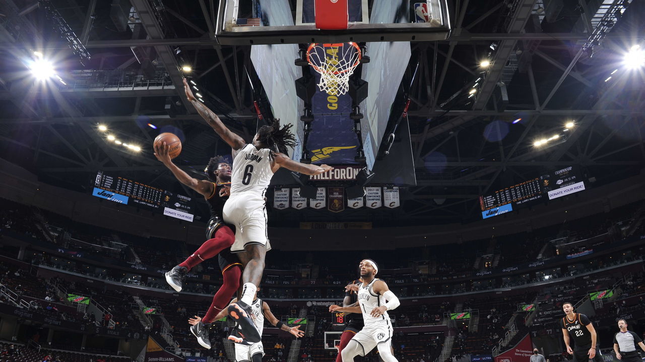 CLEVELAND, OH - JANUARY 22: Collin Sexton #2 of the Cleveland Cavaliers shoots the ball during the game against DeAndre Jordan #6 of the Brooklyn Nets on January 22, 2021 at Rocket Mortgage FieldHouse in Cleveland, Ohio. NOTE TO USER: User expressly acknowledges and agrees that, by downloading and/or using this Photograph, user is consenting to the terms and conditions of the Getty Images License Agreement. Mandatory Copyright Notice: Copyright 2021 NBAE