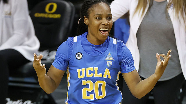 EUGENE, OREGON - JANUARY 03: Charisma Osborne #20 of the UCLA Bruins reacts after a shot during the third quarter against the Oregon Ducks at Matthew Knight Arena on January 03, 2021 in Eugene, Oregon.