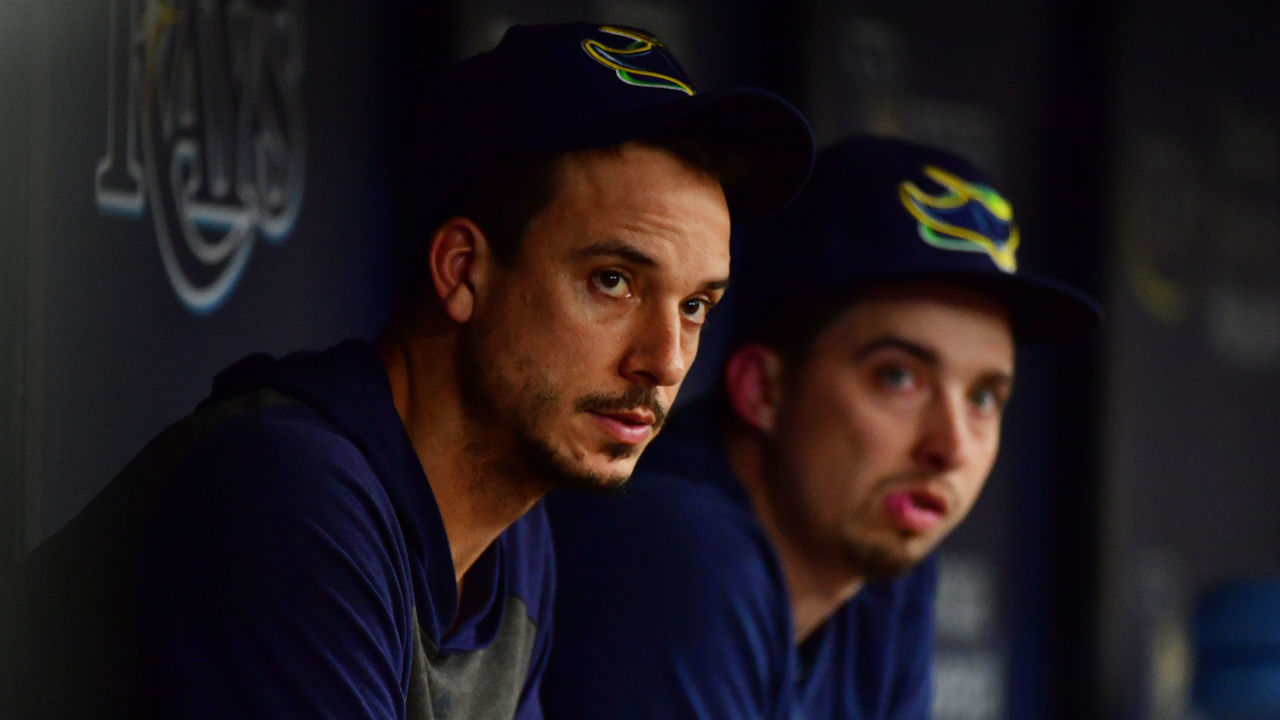 ST PETERSBURG, FLORIDA - SEPTEMBER 22: Charlie Morton #50 and Blake Snell #4 of the Tampa Bay Rays watch the replay board during a game against the Boston Red Sox at Tropicana Field on September 22, 2019 in St Petersburg, Florida.