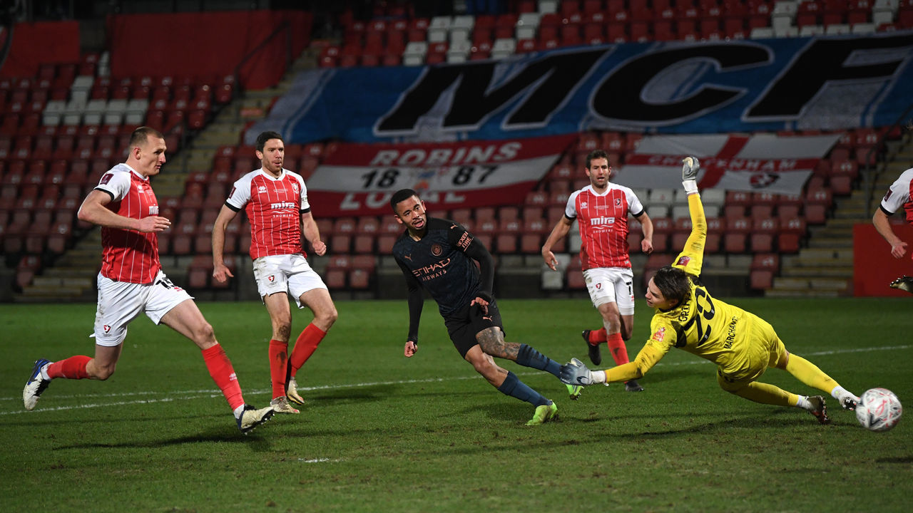 CHELTENHAM, ENGLAND - JANUARY 23: Gabriel Jesus of Manchester City shoots wide during The Emirates FA Cup Fourth Round match between Cheltenham Town and Manchester City at Jonny Rocks Stadium on January 23, 2021 in Cheltenham, England. Sporting stadiums around the UK remain under strict restrictions due to the Coronavirus Pandemic as Government social distancing laws prohibit fans inside venues resulting in games being played behind closed doors.