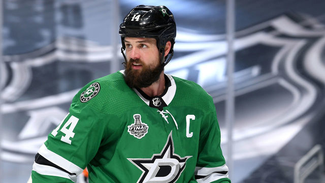 EDMONTON, ALBERTA - SEPTEMBER 28: Jamie Benn #14 of the Dallas Stars looks on in the second period of Game Six of the NHL Stanley Cup Final between the Tampa Bay Lightning and the Dallas Stars at Rogers Place on September 28, 2020 in Edmonton, Alberta, Canada.
