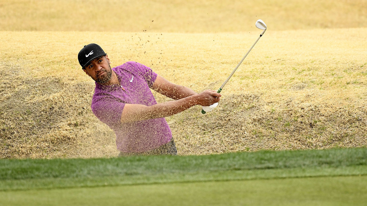 LA QUINTA, CALIFORNIA - JANUARY 23: Tony Finau plays a shot from a bunker on the eighth hole during the third round of The American Express tournament on the Stadium course at PGA West on January 23, 2021 in La Quinta, California.
