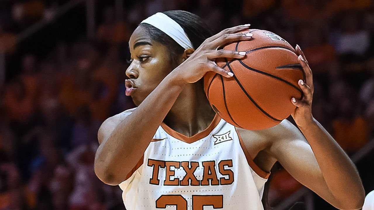 KNOXVILLE, TN - DECEMBER 08: Texas Longhorns forward Charli Collier (35) grabs a rebound during a college basketball game between the Tennessee Lady Vols and Texas Longhorns on December 8, 2019, at Thompson-Boling Arena in Knoxville, TN.