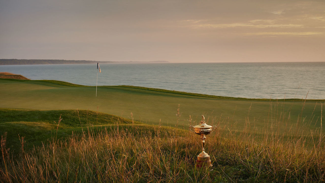 SHEBOYGAN, WISCONSIN - OCTOBER 15: A view of the Ryder Cup trophy from 17th hole of Whistling Straits Golf Course on October 15, 2018 in Sheboygan, Wisconsin.