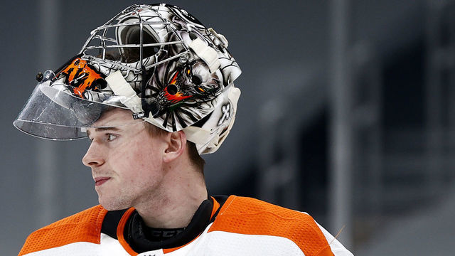 BOSTON, MASSACHUSETTS - JANUARY 21: Carter Hart #79 of the Philadelphia Flyers looks on during the first period against the Boston Bruins at TD Garden on January 21, 2021 in Boston, Massachusetts.