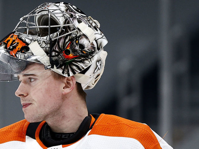 BOSTON, MASSACHUSETTS - JANUARY 21: Carter Hart #79 of the Philadelphia Flyers looks on during the first period against the Boston Bruins at TD Garden on January 21, 2021 in Boston, Massachusetts.