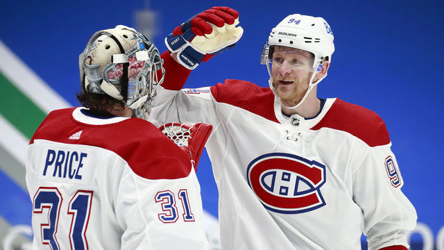 VANCOUVER, BC - JANUARY 23: Corey Perry #94 of the Montreal Canadiens celebrates with Carey Price #31 after winning their NHL game against the Vancouver Canucks at Rogers Arena January 23, 2021 in Vancouver, British Columbia, Canada. Montreal won 5-2.