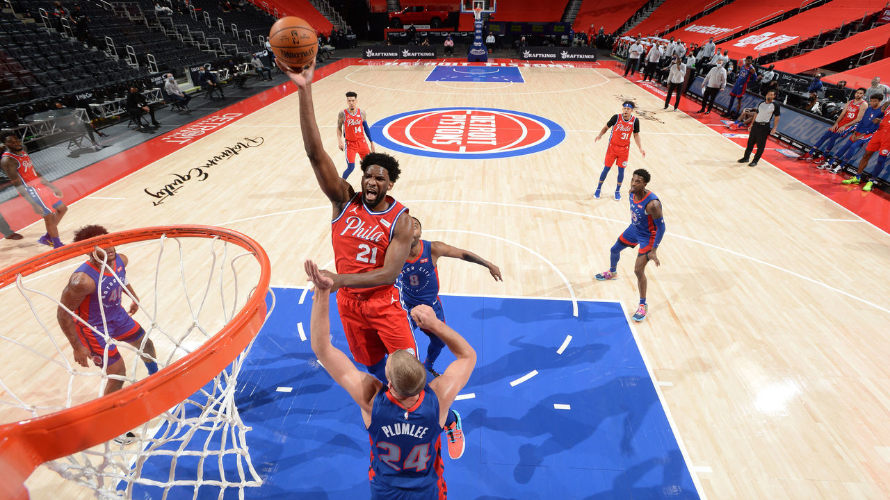DETROIT, MI - JANUARY 23: Joel Embiid #21 of the Philadelphia 76ers shoots the ball against the Detroit Pistons on January 23, 2021 at Little Caesars Arena in Detroit, Michigan. NOTE TO USER: User expressly acknowledges and agrees that, by downloading and/or using this photograph, User is consenting to the terms and conditions of the Getty Images License Agreement. Mandatory Copyright Notice: Copyright 2021 NBAE