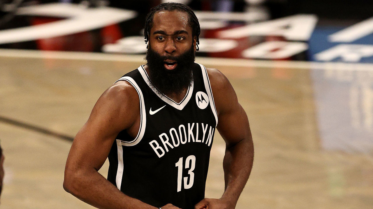 NEW YORK, NEW YORK - JANUARY 23: James Harden #13 of the Brooklyn Nets celebrates in the fourth quarter against the Miami Heat at Barclays Center on January 23, 2021 in New York City.