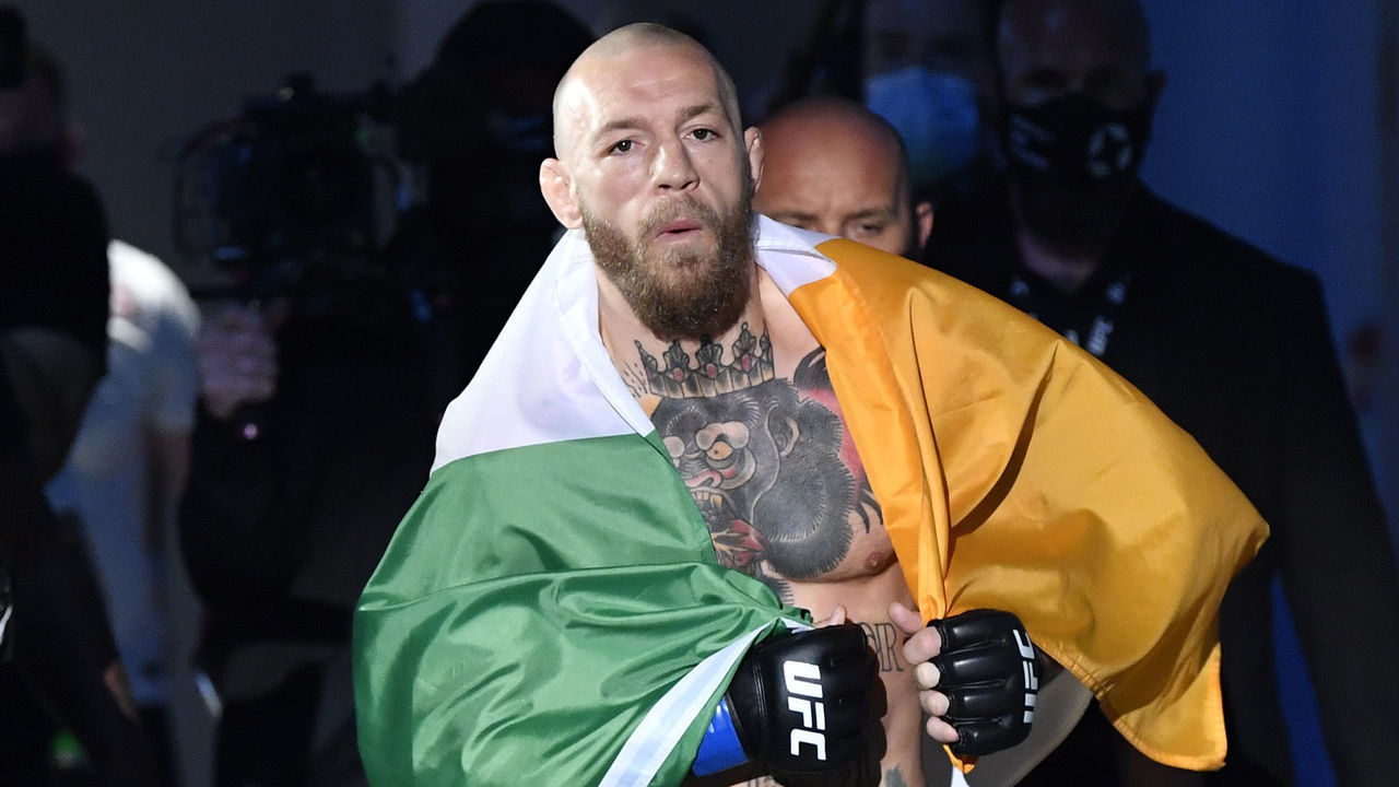 ABU DHABI, UNITED ARAB EMIRATES - JANUARY 23: Conor McGregor of Ireland prepares to fight Dustin Poirier in a lightweight fight during the UFC 257 event inside Etihad Arena on UFC Fight Island on January 23, 2021 in Abu Dhabi, United Arab Emirates.