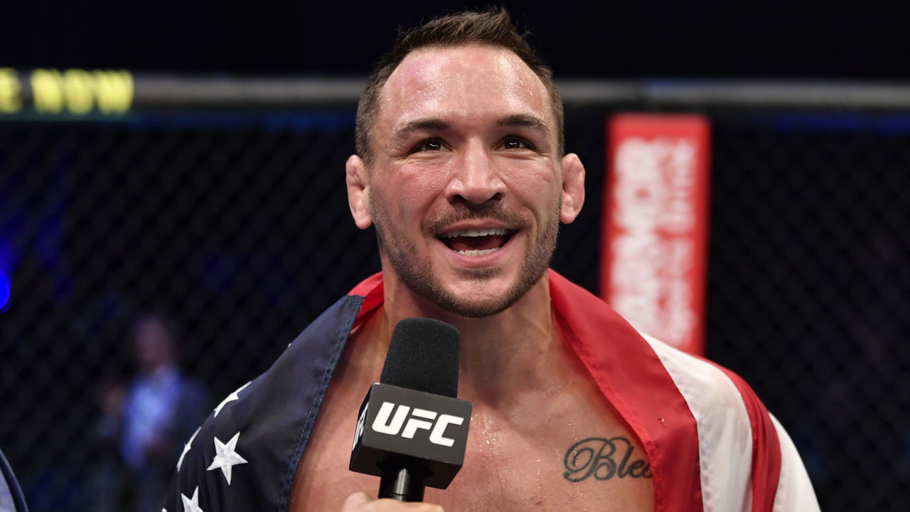 ABU DHABI, UNITED ARAB EMIRATES - JANUARY 23: Michael Chandler reacts after his knockout victory over Dan Hooker of New Zealand in a lightweight fight during the UFC 257 event inside Etihad Arena on UFC Fight Island on January 23, 2021 in Abu Dhabi, United Arab Emirates.