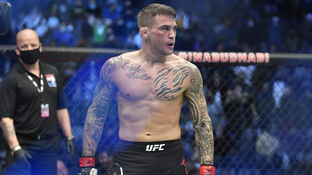 ABU DHABI, UNITED ARAB EMIRATES - JANUARY 23: Dustin Poirier reacts after his knockout victory over Conor McGregor of Ireland in a lightweight fight during the UFC 257 event inside Etihad Arena on UFC Fight Island on January 23, 2021 in Abu Dhabi, United Arab Emirates.