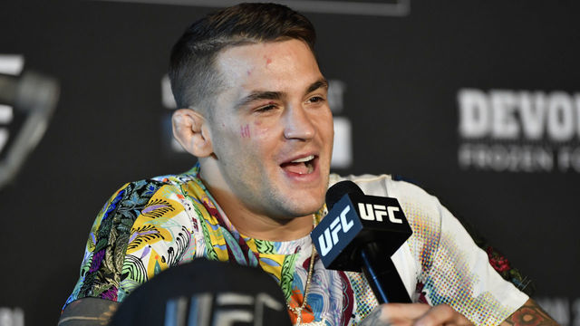 ABU DHABI, UNITED ARAB EMIRATES - JANUARY 23: Dustin Poirier addresses the media after the UFC 257 event inside Etihad Arena on UFC Fight Island on January 23, 2021 in Abu Dhabi, United Arab Emirates.
