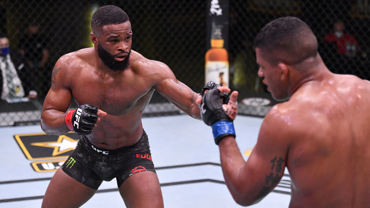 LAS VEGAS, NEVADA - MAY 30: (L-R) Tyron Woodley battles Gilbert Burns of Brazil in their welterweight fight during the UFC Fight Night event at UFC APEX on May 30, 2020 in Las Vegas, Nevada.