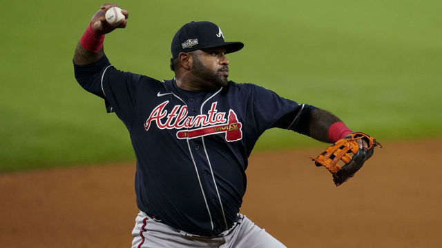 ARLINGTON, TX - OCTOBER 12: Pablo Sandoval #18 of the Atlanta Braves throws to first base after fielding a ground ball during Game 1 of the NLCS between the Atlanta Braves and the Los Angeles Dodgers at Globe Life Field on Monday, October 12, 2020 in Arlington, Texas.