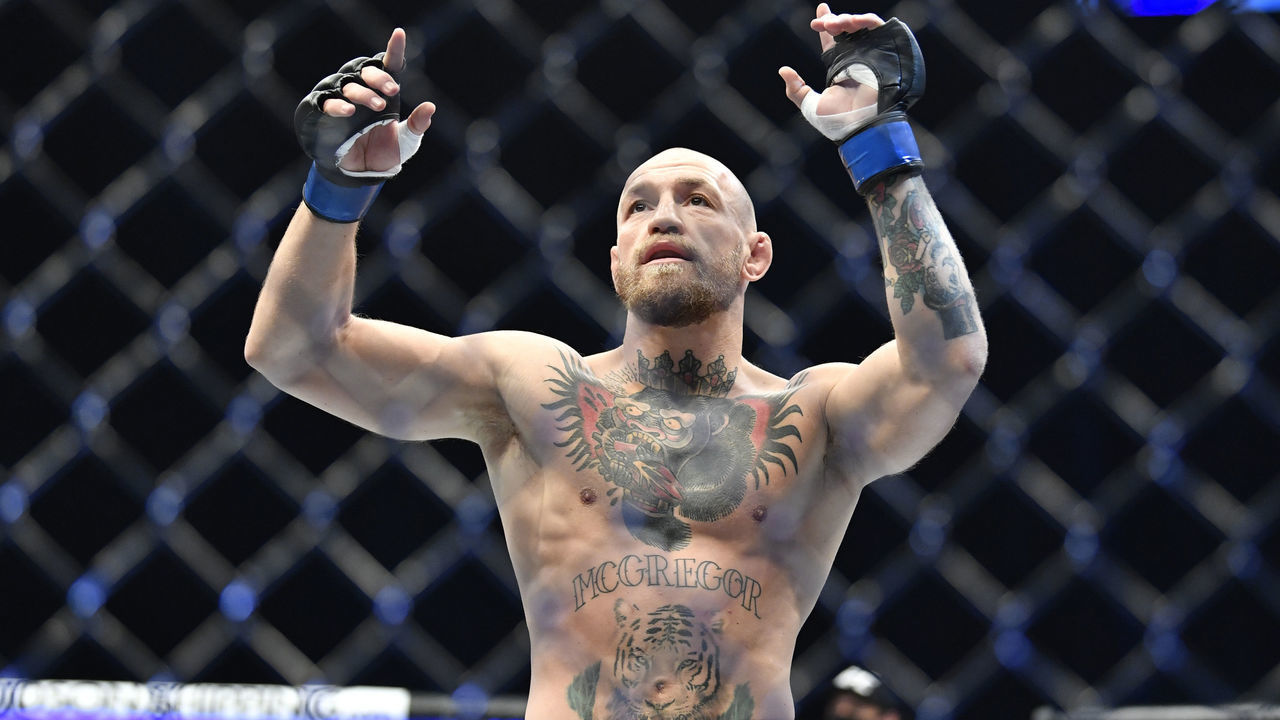 ABU DHABI, UNITED ARAB EMIRATES - JANUARY 23: Conor McGregor of Ireland prepares to fight Dustin Poirier in a lightweight fight during the UFC 257 event inside Etihad Arena on UFC Fight Island on January 23, 2021 in Abu Dhabi, United Arab Emirates.