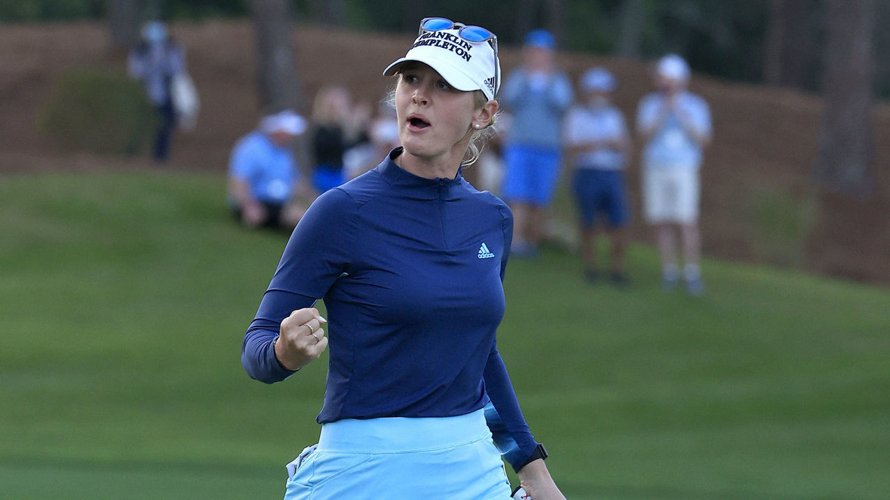 LAKE BUENA VISTA, FLORIDA - JANUARY 24: Jessica Korda reacts to a birdie putt during the first playoff hole to win the Diamond Resorts Tournament of Champions at Tranquilo Golf Course at the Four Seasons Golf and Sports Club on January 24, 2021 in Lake Buena Vista, Florida.