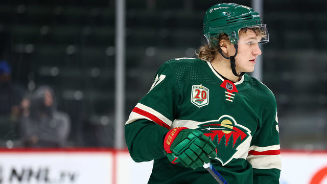 ST PAUL, MN - JANUARY 22: Kirill Kaprizov #97 of the Minnesota Wild looks on during the second period against the San Jose Sharks at Xcel Energy Center on January 22, 2021 in St Paul, Minnesota.
