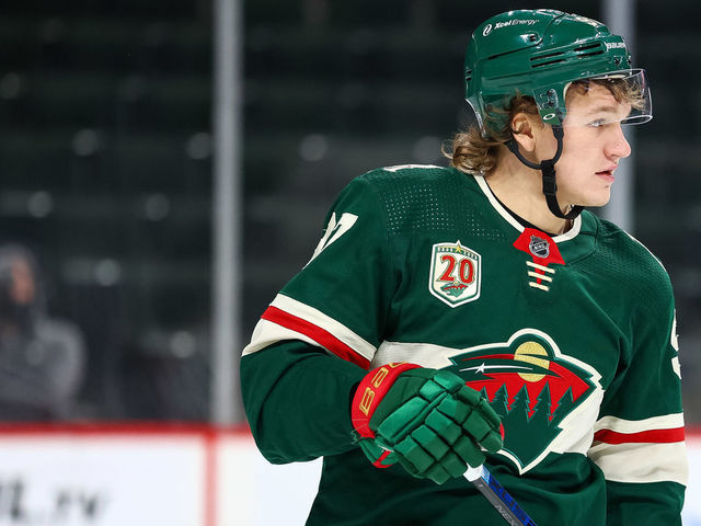 ST PAUL, MN - JANUARY 22: Kirill Kaprizov #97 of the Minnesota Wild looks on during the second period against the San Jose Sharks at Xcel Energy Center on January 22, 2021 in St Paul, Minnesota.