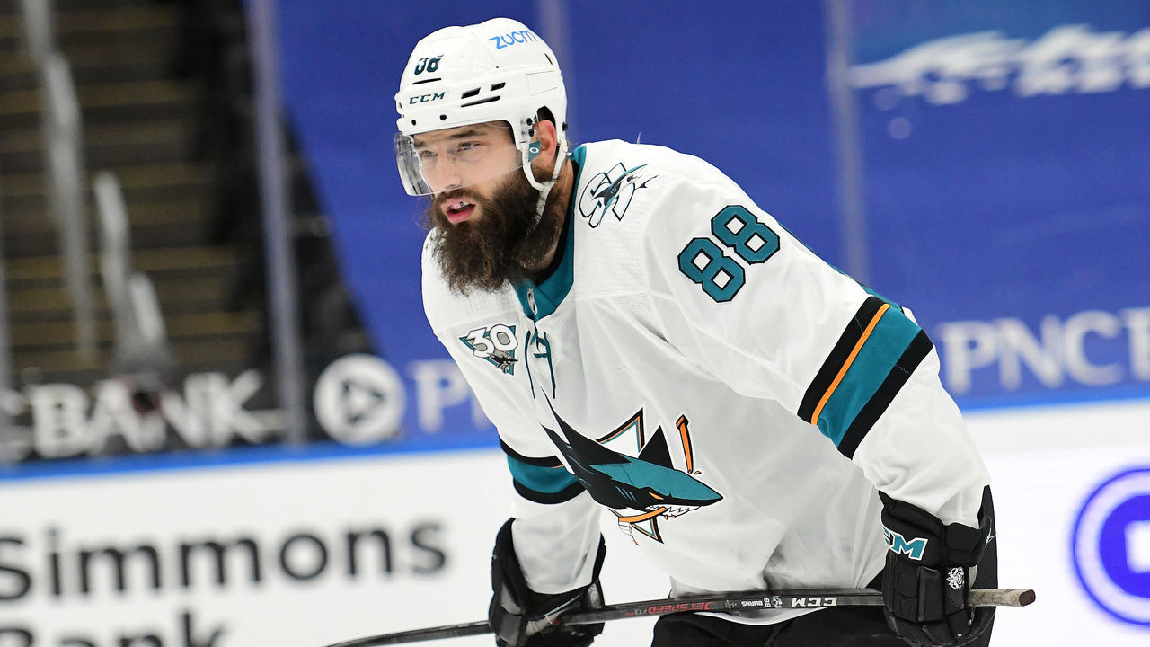 ST. LOUIS, MO - JANUARY 20: San Jose Sharks defender Brent Burns (88) during an NHL game between the San Jose Sharks and the St. Louis Blues on January 20, 2021, at Enterprise Center, St. Louis, Mo.