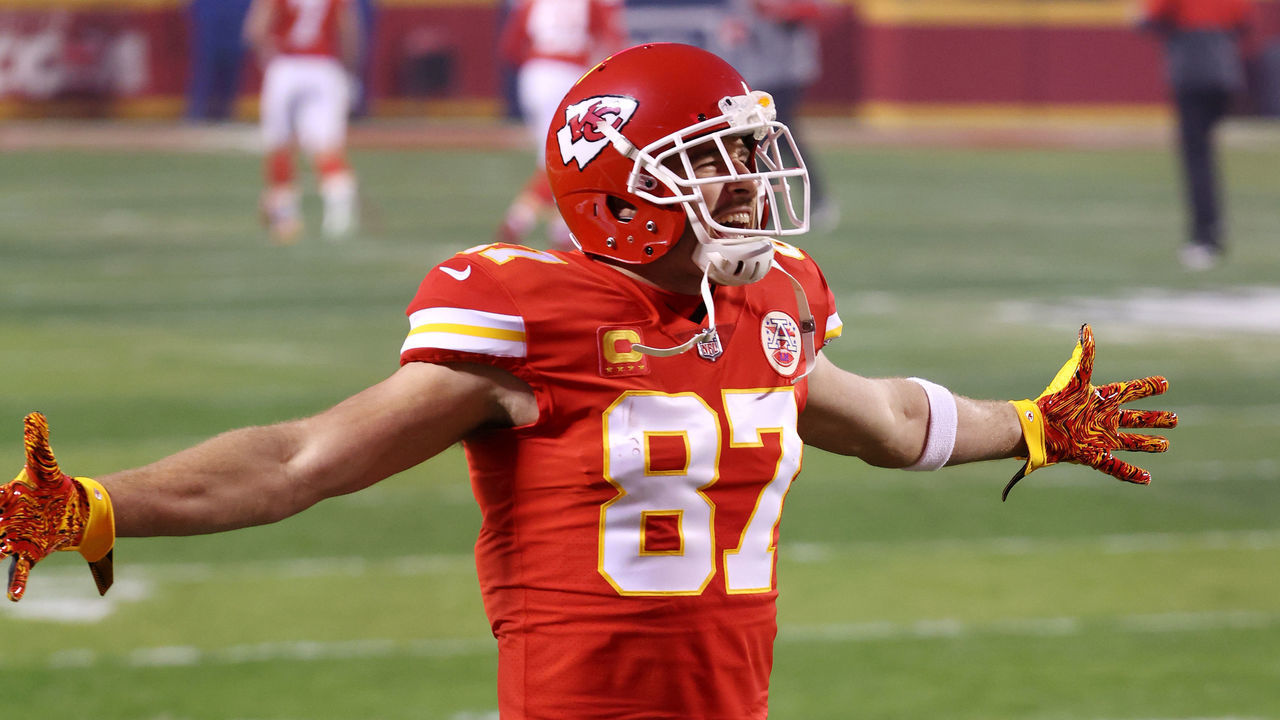 KANSAS CITY, MISSOURI - JANUARY 24: Travis Kelce #87 of the Kansas City Chiefs reacts before the AFC Championship game against the Buffalo Bills at Arrowhead Stadium on January 24, 2021 in Kansas City, Missouri.