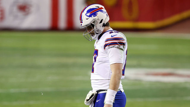 KANSAS CITY, MISSOURI - JANUARY 24: Josh Allen #17 of the Buffalo Bills walks on the field in the first half against the Kansas City Chiefs during the AFC Championship game at Arrowhead Stadium on January 24, 2021 in Kansas City, Missouri.