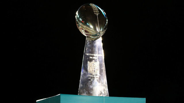 MIAMI, FLORIDA - JANUARY 27: The Vince Lombardi Trophy is displayed during Super Bowl Opening Night presented by BOLT24 at Marlins Park on January 27, 2020 in Miami, Florida.