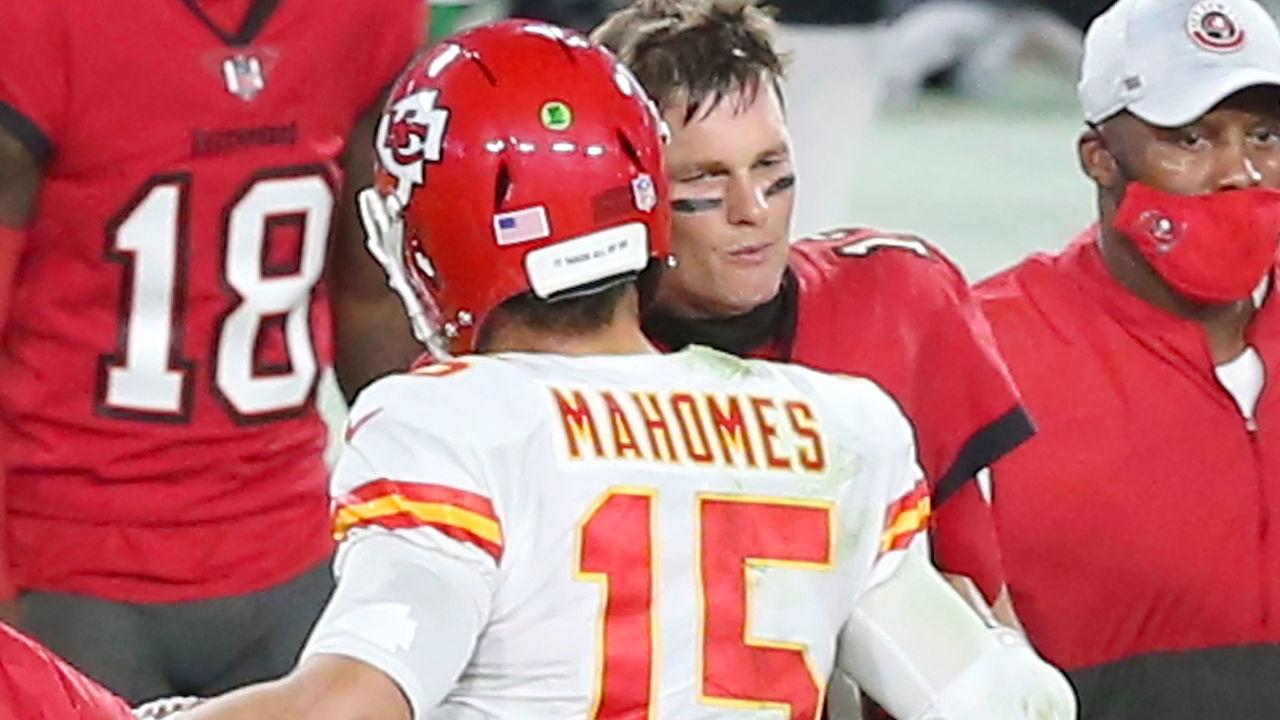 TAMPA, FL - NOVEMBER 29: Tom Brady (12) of the Buccaneers shakes hands with Patrick Mahomes (15) of the Chiefs after the regular season game between the Kansas City Chiefs and the Tampa Bay Buccaneers on November 29, 2020 at Raymond James Stadium in Tampa, Florida.