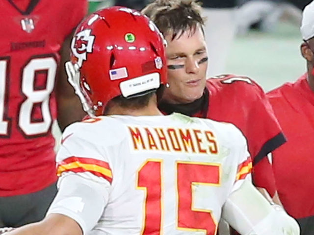 TAMPA, FL - NOVEMBER 29: Tom Brady (12) of the Buccaneers shakes hands with Patrick Mahomes (15) of the Chiefs after the regular season game between the Kansas City Chiefs and the Tampa Bay Buccaneers on November 29, 2020 at Raymond James Stadium in Tampa, Florida.