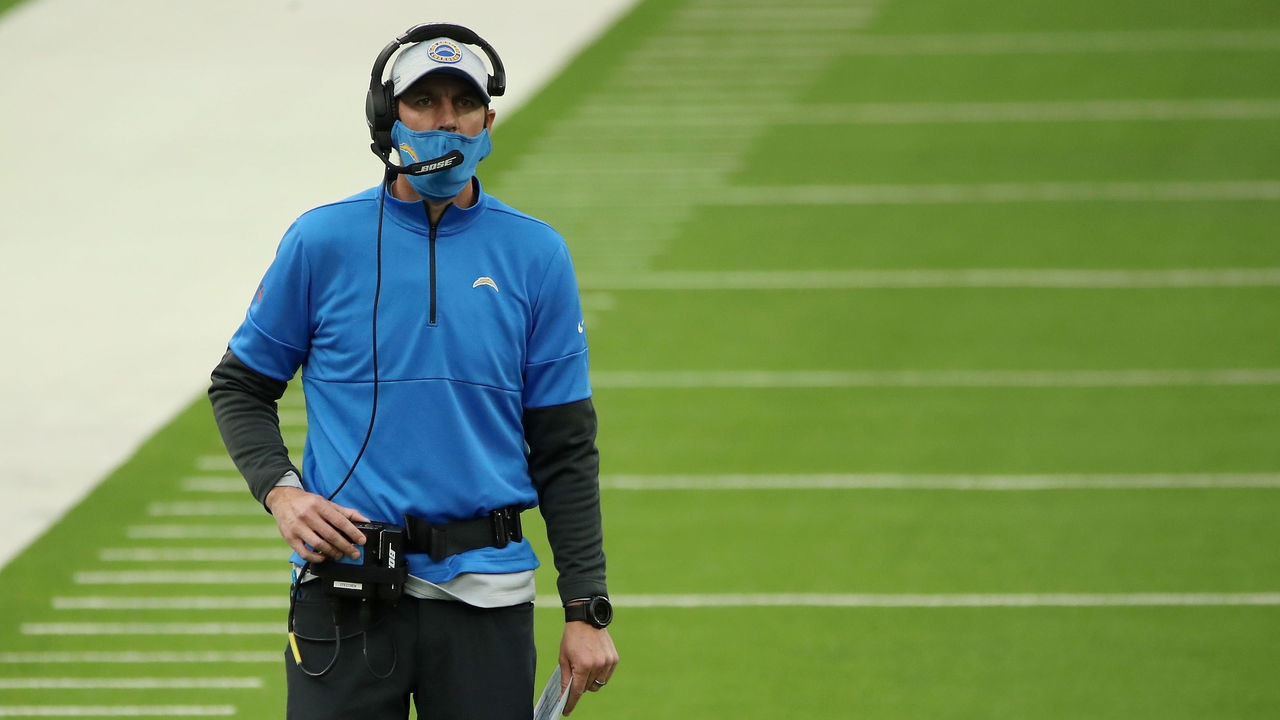 INGLEWOOD, CALIFORNIA - DECEMBER 06: Shane Steichen, Offensive Coordinator for the Los Angeles Chargers, looks on during the first half against the New England Patriots at SoFi Stadium on December 06, 2020 in Inglewood, California.