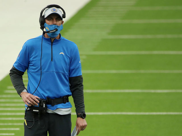 INGLEWOOD, CALIFORNIA - DECEMBER 06: Shane Steichen, Offensive Coordinator for the Los Angeles Chargers, looks on during the first half against the New England Patriots at SoFi Stadium on December 06, 2020 in Inglewood, California.