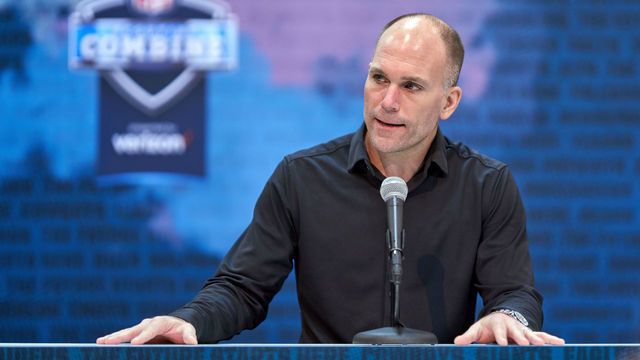 INDIANAPOLIS, IN - FEBRUARY 27: Baltimore Ravens general manager Eric DeCosta speaks to the media during the NFL Scouting Combine on February 27, 2019 at the Indiana Convention Center in Indianapolis, IN.